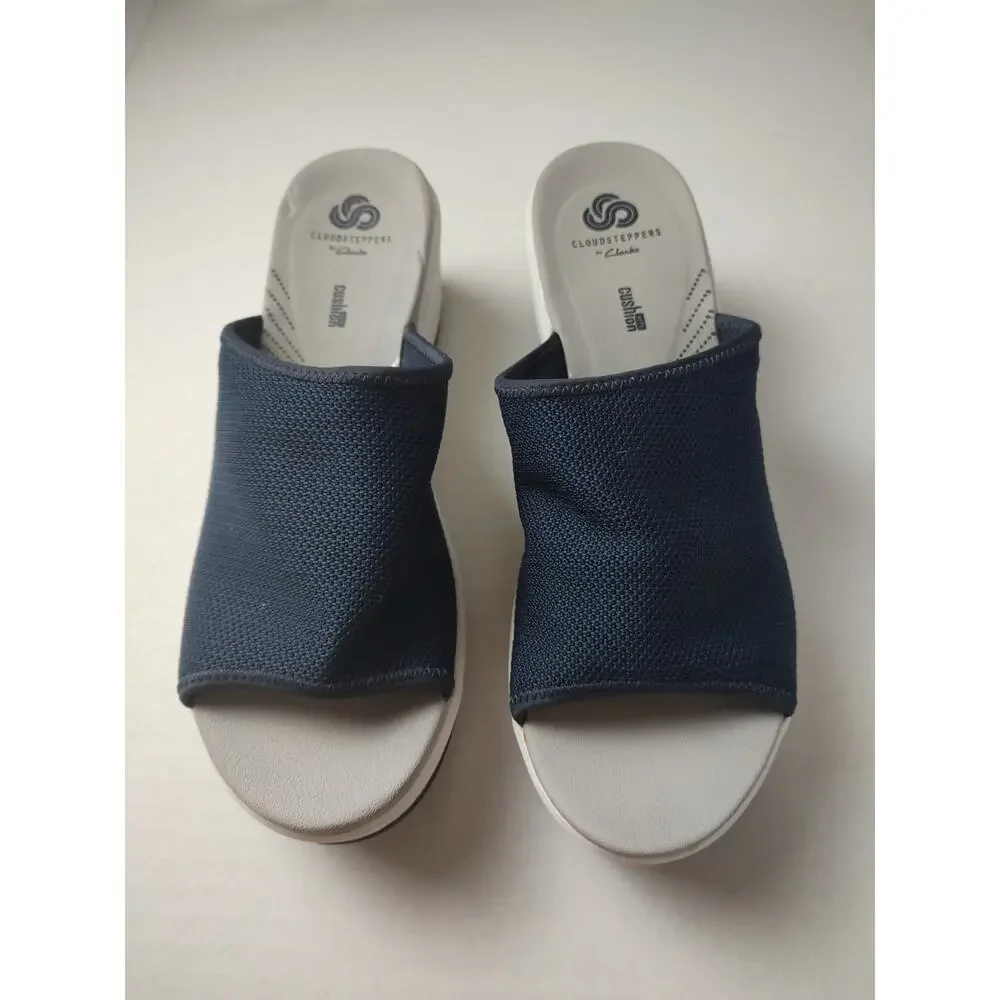 Clarks Cloudsteppers  Cali Bay Blue Canvas Slip On Wedge Heel Sandal Women US 10